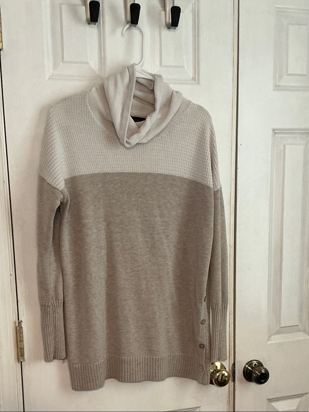 Cozy Two-Tone Cream & Taupe Cowl Neck Women's Sweater